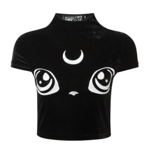 Black Velvet Graphic Moon Cat Crop Top